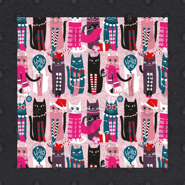 Feline Christmas vibes // pattern // pink background green fuchsia pink white and black kittens by SelmaCardoso